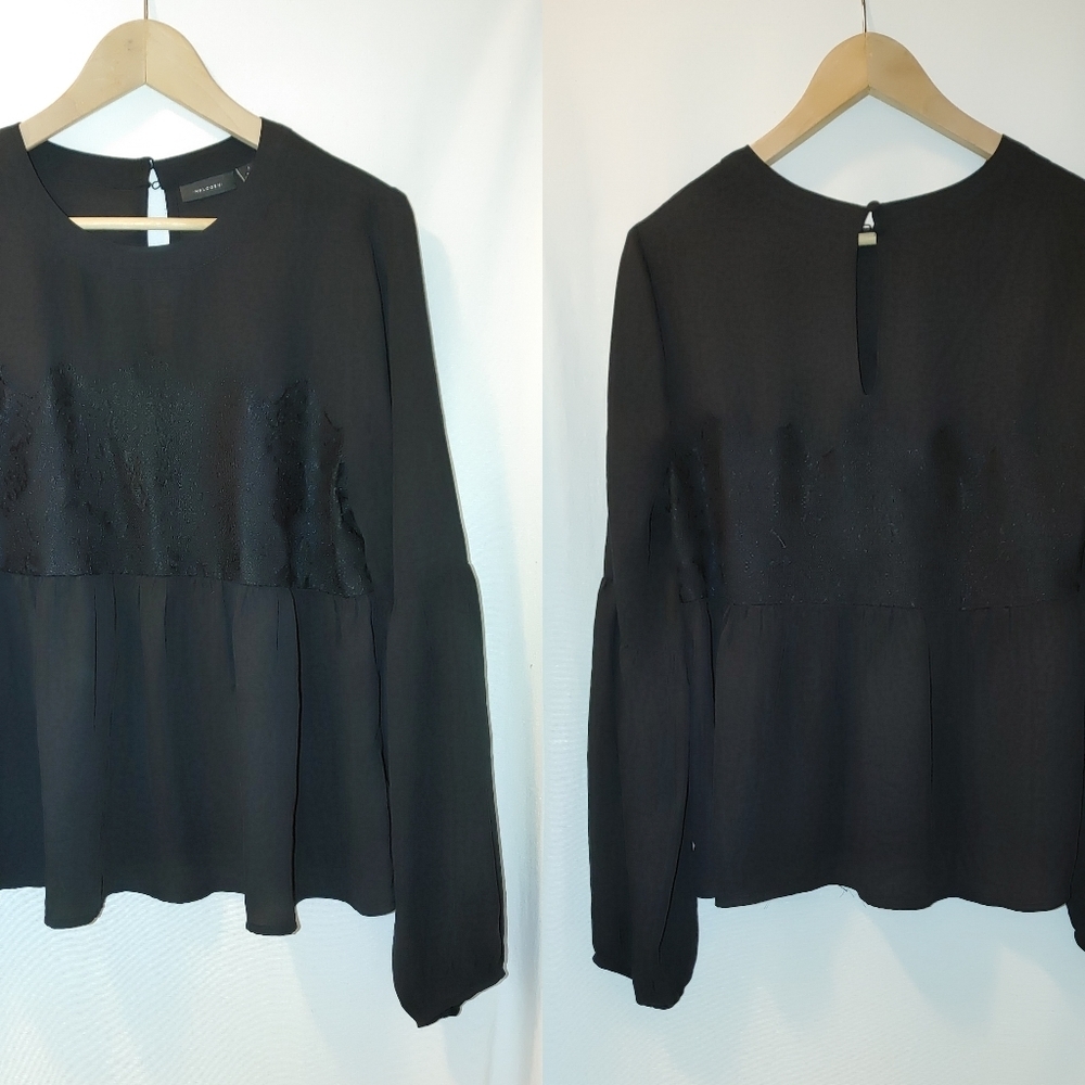 Halogen Nordstrom Lace Panel Front Peplum Blouse Long Sleeve L Black‎